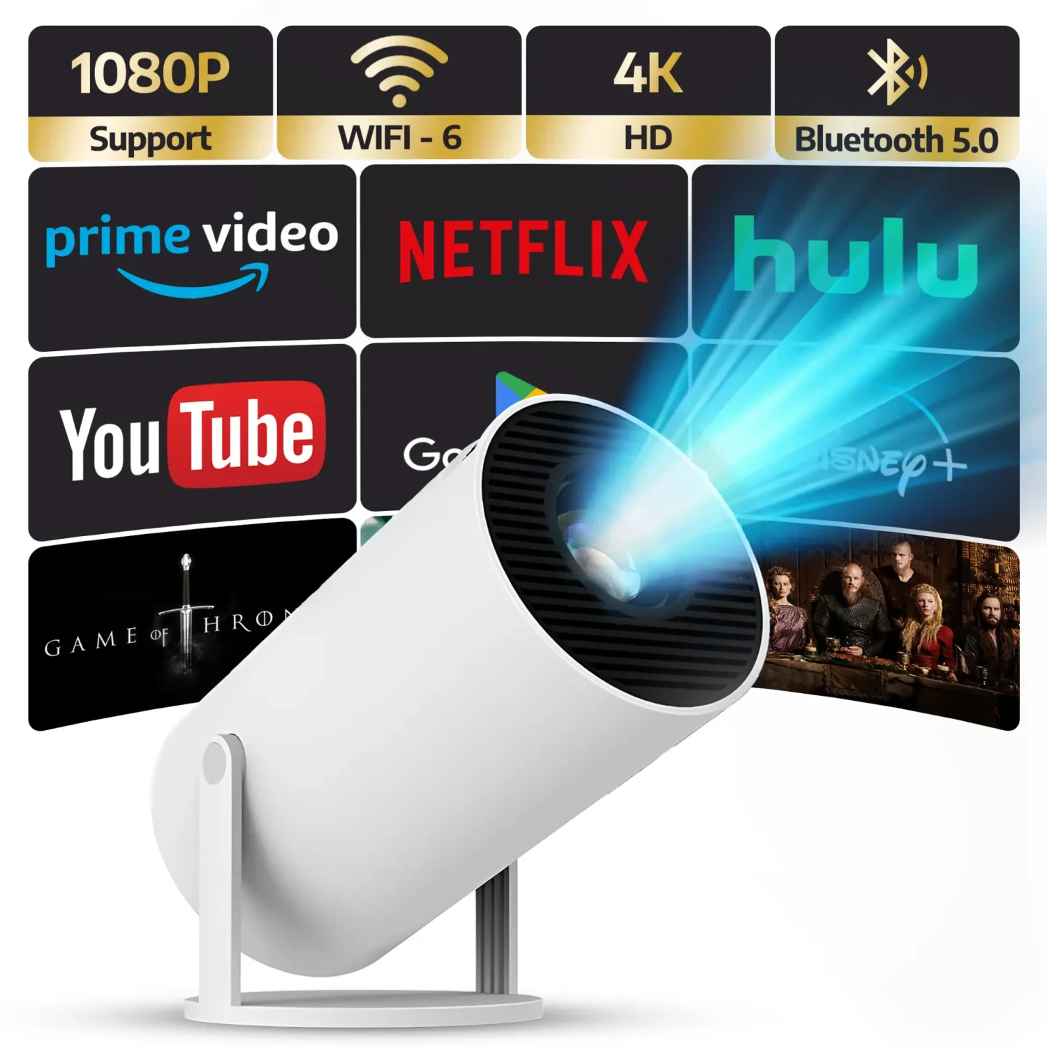 ABIS4 Projector with WiFi 6 and Bluetooth Portable Smart TV - Compatible with Screen Mirroring, Smartphones, Laptops, Computers, Tablets