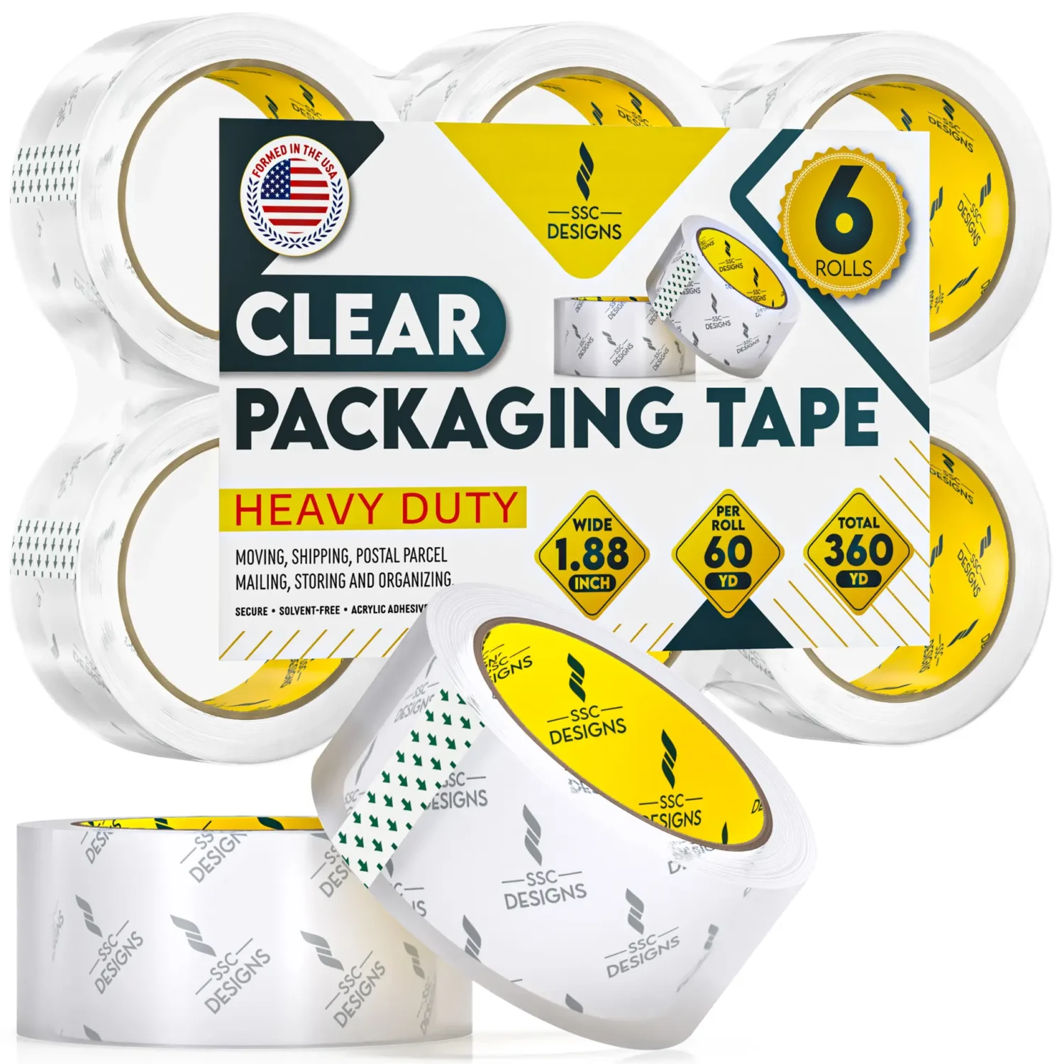 Packing Tape Clear Heavy Duty Packaging Tape - 60 Yds x 1.88" Wide x 2.7 Mil Thick - 6 Rolls