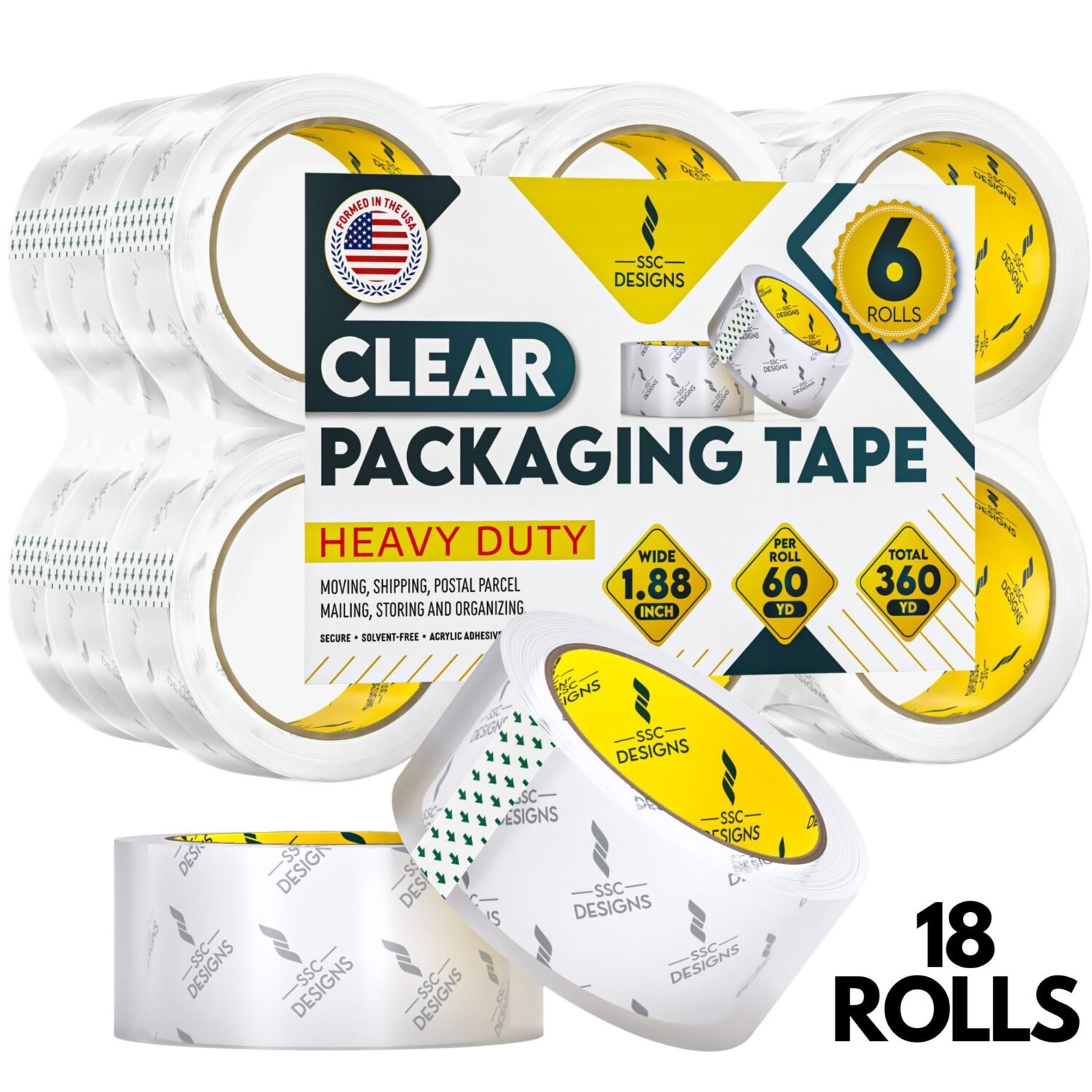 Packing Tape Clear Heavy Duty Packaging Tape - 60 Yds x 1.88" Wide x 2.7 Mil Thick - 18 Rolls